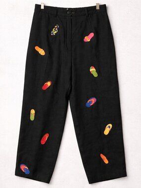 Deane & White Women's Black 100% Linen Embroidered Flip Flop Capri Pants Size 8